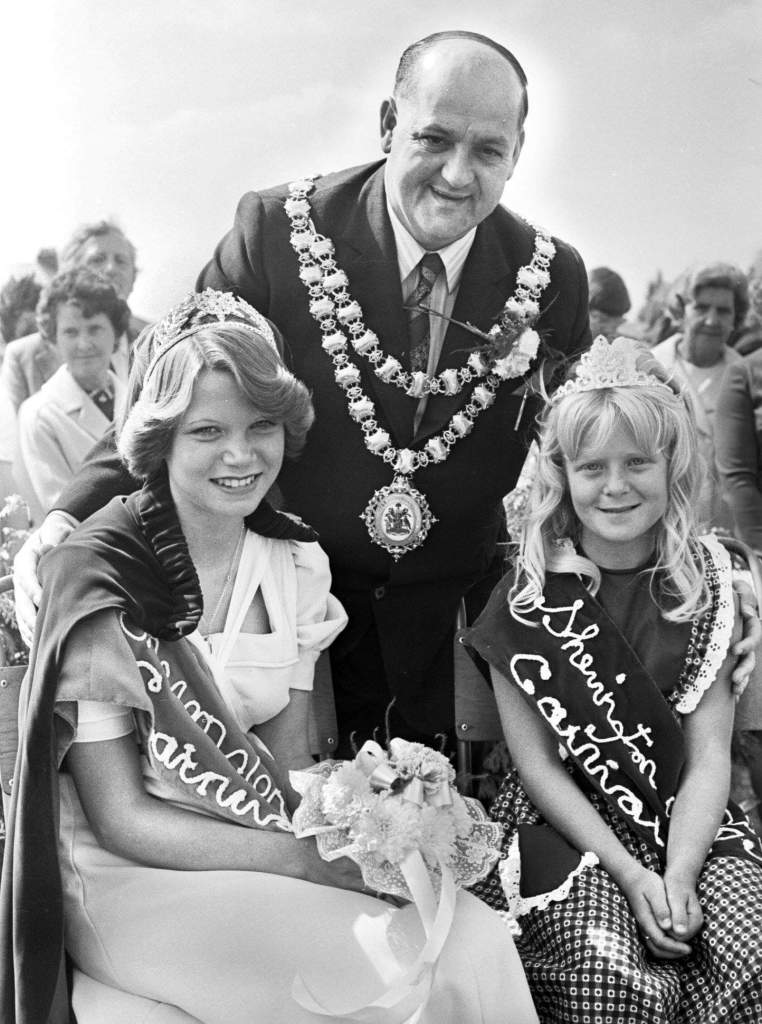 Wigan Mayor George MacDonald, with Shevington Carnival Queen Angela Hart (aged 17), and Carnival Princess Wendy Parkinson (aged 9) at the very first Shevington Carnival on Sat June 28th 1975